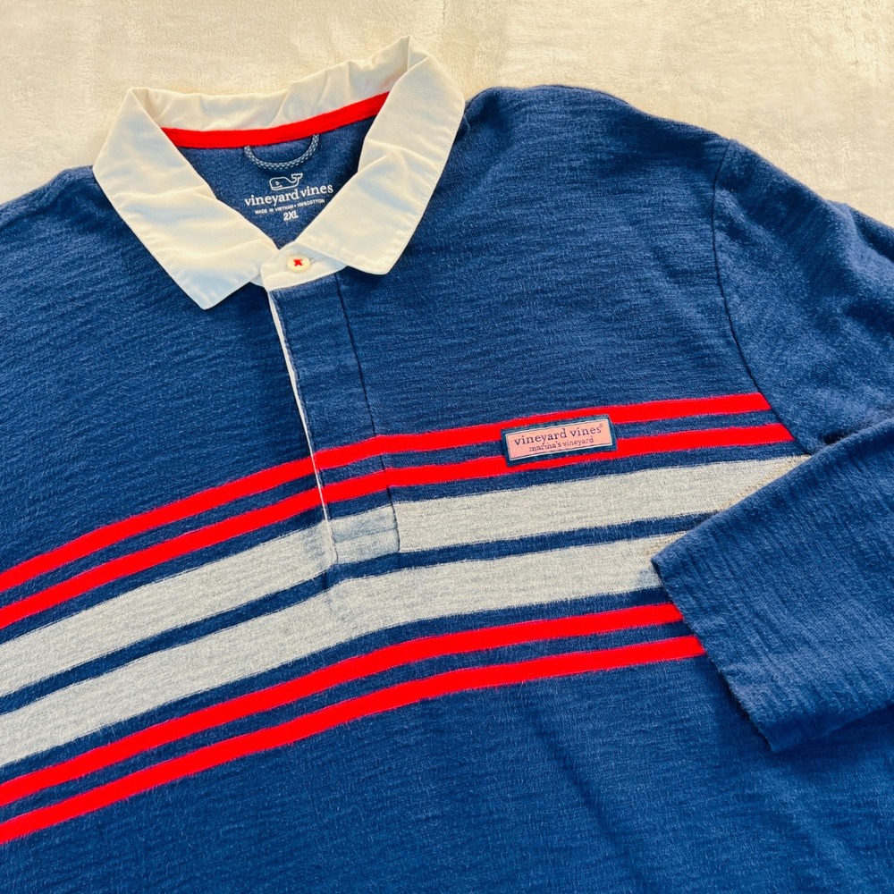 Vineyard Vines Mens 2XL Navy Blue Striped Slub Cotton Long Sleeve Rugby Polo